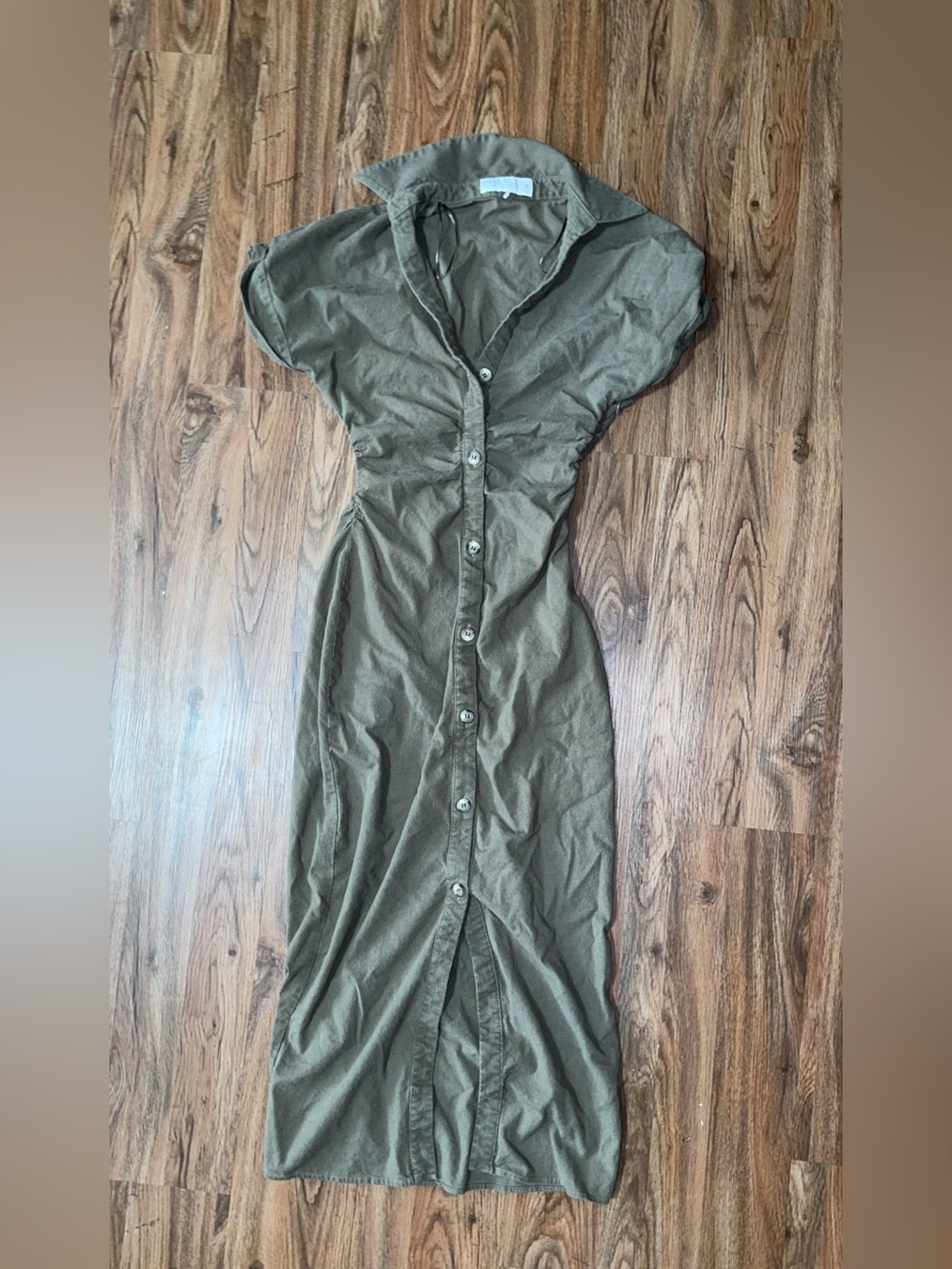 Zara Olive Green Ruched Button-Down Linen Blend Midi Dress - XS